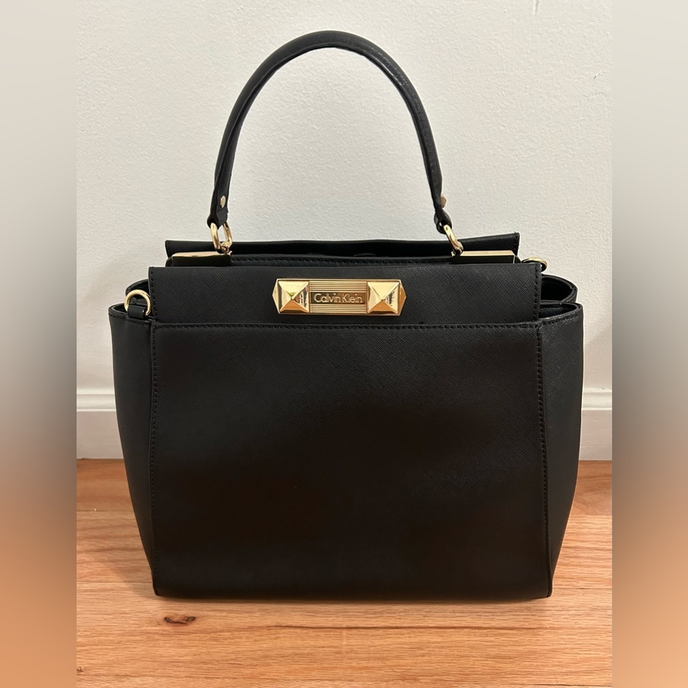 Calvin Klein saffiano leather satchel purse with removable shoulder strap